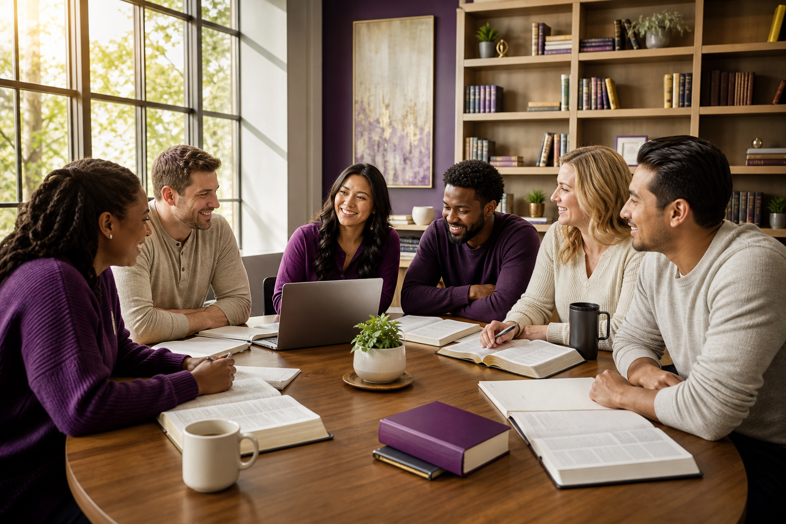 Adult Bible college students learning together around a study table